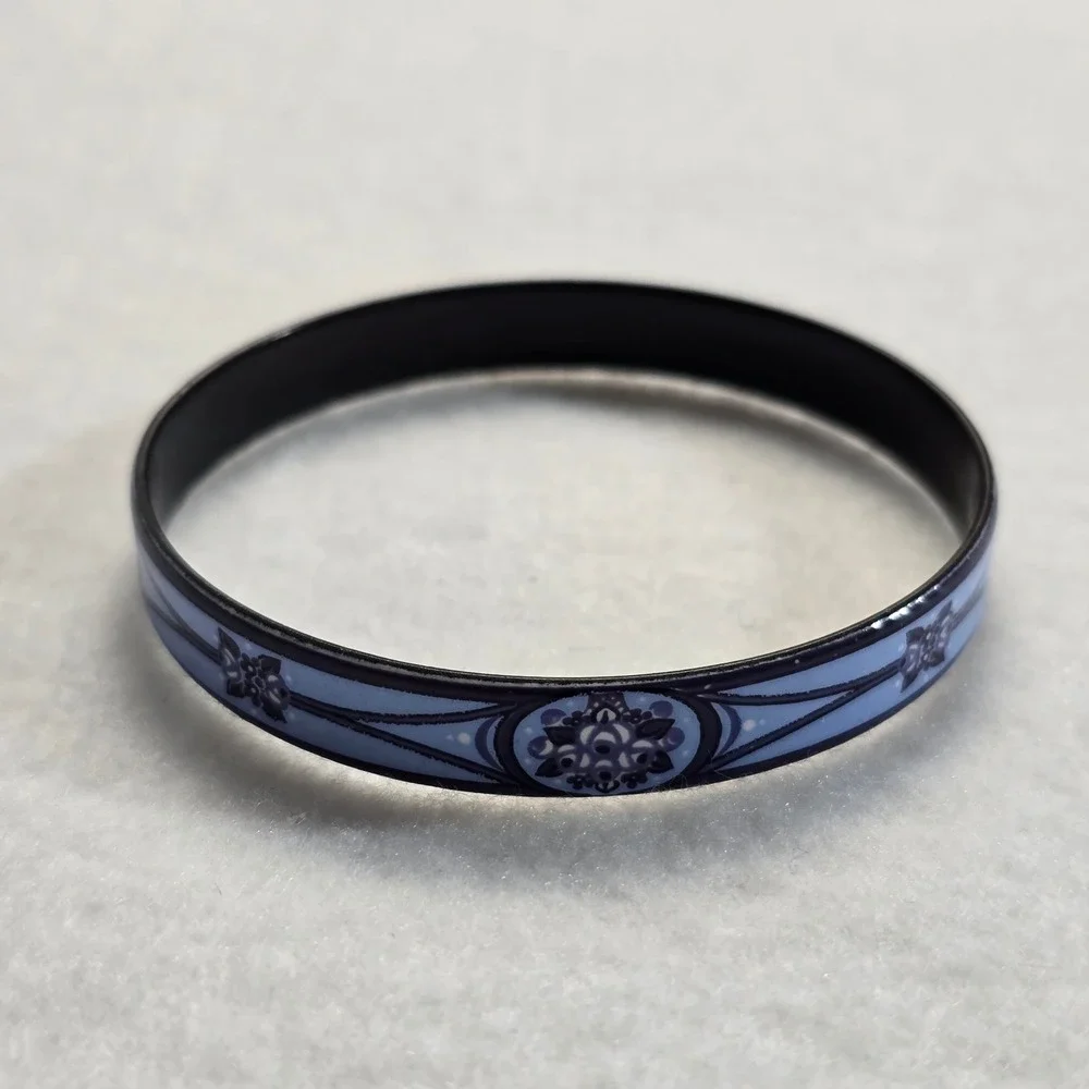 Michaela Frey Vintage Blue Floral Enamel Bangle Bracelet Austria 7.5 Inch
